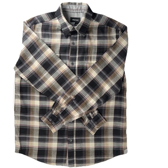 Marmot Sz Mens L Flannel Long-Sleeve Button-Down Casual Shirt Black Brown Plaid - Picture 1 of 15